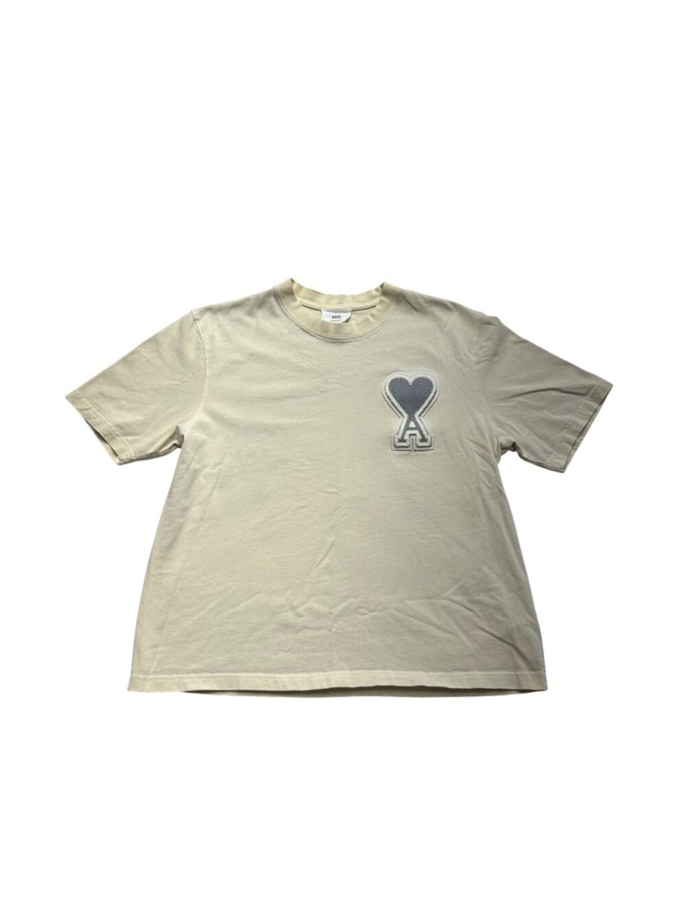AMI Paris T-Shirt Sz Large Ivory Ami de Coeur Logo Patch Crop Crew Short Sleeve